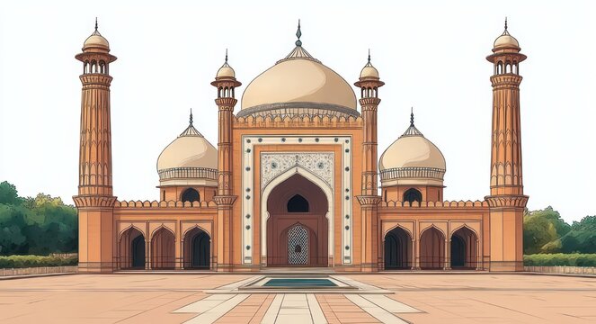 serene symmetrical sandstone mosque with central dome, four smaller domes, tall minarets, arched entrance and open courtyard with reflecting pool