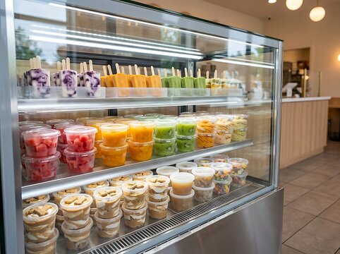 Refrigerated display case filled with colorful fresh fruit cups in a modern cafe shop. canine dessert shop