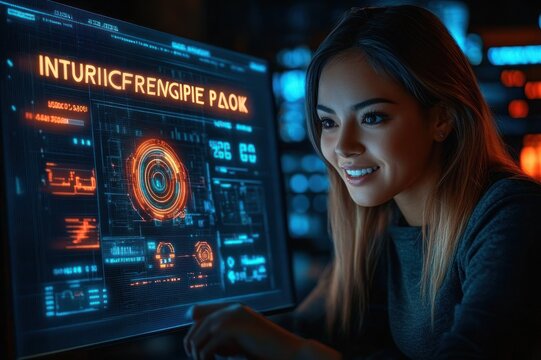focused woman with partially obscured face at a glowing computer monitor displaying a futuristic orange and blue holographic data interface and circular HUD, concentrated and engaged