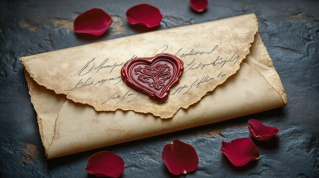 Aged handwritten love letter on parchment sealed with a red wax heart, scattered rose petals on a dark textured surface, romantic nostalgic mood