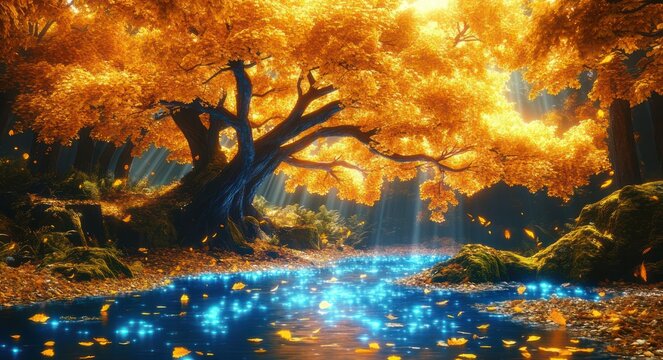 Ancient gnarled tree with a golden autumn canopy over a glowing blue stream, sunbeams piercing a mossy forest while fallen leaves drift in an enchanted, tranquil scene