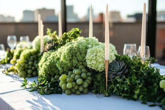Elegant rooftop dining table centerpiece with green hydrangea clusters, grape bunches, succulents and trailing ivy, tall tapered candles and glassware conveying fresh serene celebration