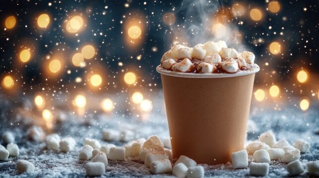 Steaming cup of hot chocolate topped with marshmallows and cocoa dust, surrounded by scattered mini marshmallows and soft falling snow with warm bokeh lights, cozy winter comfort
