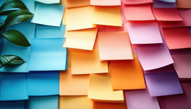 Layered colorful sticky notes arranged in a blue to pink gradient with green leaves, evoking playful creativity and organized energy