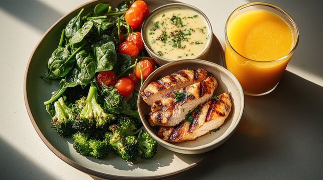 Grilled sliced chicken with saut&eacute;ed spinach, roasted broccoli, cherry tomatoes and creamy herb dip on a plate with a glass of orange juice, fresh and appetizing