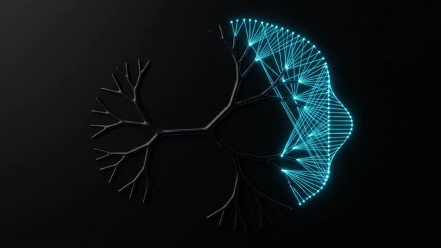 量子ウォークの重ね合わせから確率分布への変化を描く、暗黒空間のシアン色粒子と分岐ネットワークの俯瞰映像