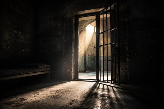Open prison cell door with light streaming into the dark interior.