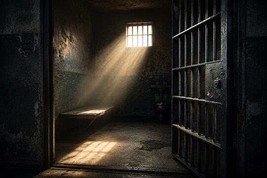 Empty prison cell with door open, a beam of sunlight illuminating the dark interior.