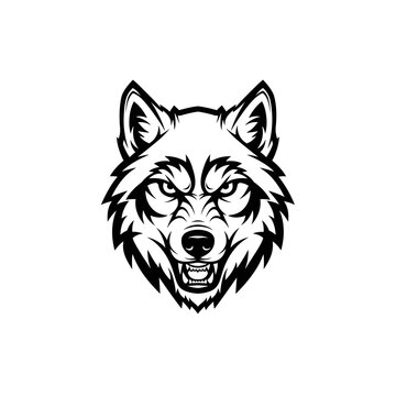 Angry Wolf Head Silhouette, Fierce Predator Face, Black and White Vector Art