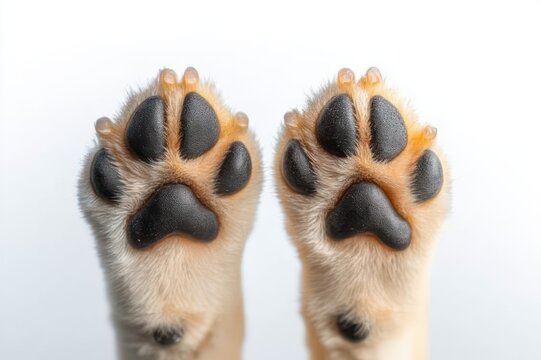 Two upraised ginger cat paws with black pads and soft fur, cute playful close-up on white background