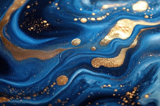 Deep blue marbled liquid with metallic gold veins, droplets and speckles, shimmering luxurious abstract swirls evoking calm and wonder