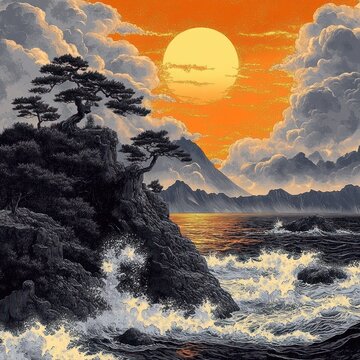 Windswept pine trees on rocky coastal cliffs at a golden sunset with crashing waves, towering clouds and distant mountains, dramatic and awe-inspiring seascape