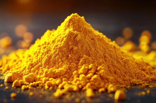 vibrant golden spice powder mound on dark surface with soft warm bokeh lights, inviting close-up