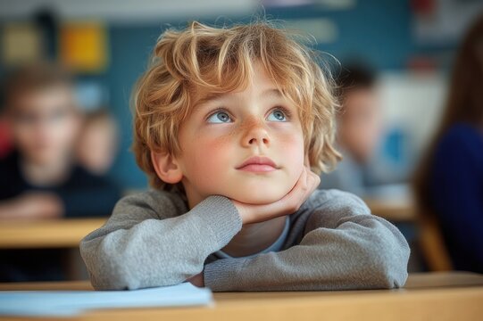 young blonde student resting chin on hand at a classroom desk, looking bored and daydreaming with blurred classmates in the background