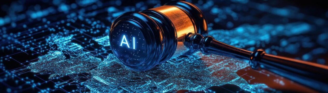 Judge gavel with glowing AI letters on its head resting over an illuminated digital circuit map, evoking futuristic authority and regulatory tension