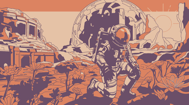 Illustration stylis&eacute;e d'un astronaute agenouill&eacute; sur une plan&egrave;te extraterrestre avec une flore &eacute;trange et un d&ocirc;me futuriste en arri&egrave;re-plan dans une palette de couleurs orange et violette.