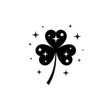 Black clover silhouette with sparkling stars isolated on white background, good luck symbol