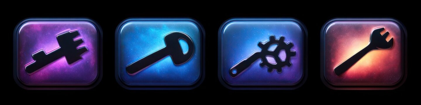 Four glossy rounded rectangle icons featuring dark tool silhouettes &mdash; two key-like shapes, a gear-and-wrench, and a wrench &mdash; on vibrant nebula gradients, evoking technical utility and confidence