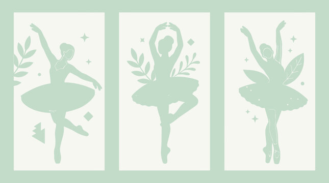 Ensemble de trois illustrations vectorielles minimalistes repr&eacute;sentant des danseuses de ballet en tutu avec des motifs botaniques et des &eacute;toiles dans un style &eacute;l&eacute;gant et moderne.