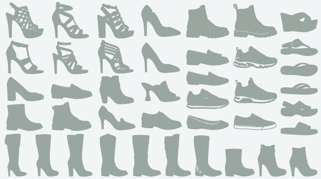 Ensemble complet de silhouettes de chaussures pour femmes comprenant des talons hauts, des bottes, des baskets et des sandales isol&eacute;es sur un fond clair pour le design de mode