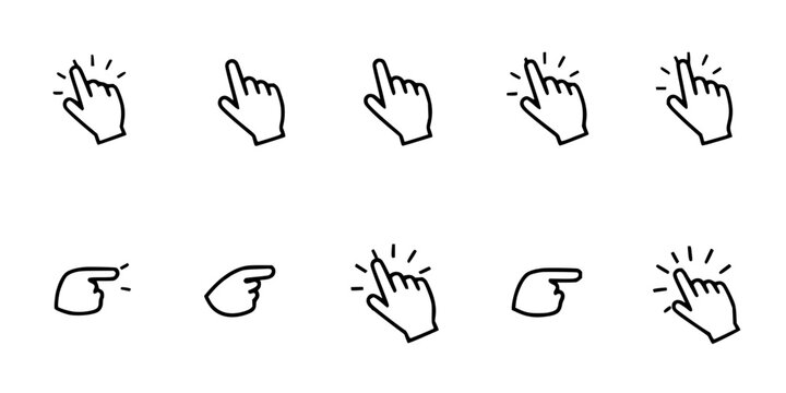 Collection of ten black and white vector icons arranged in two rows of five, depicting various hand and mouse pointer gestures. The icons show different actions such as pointing, clicking, and sele...