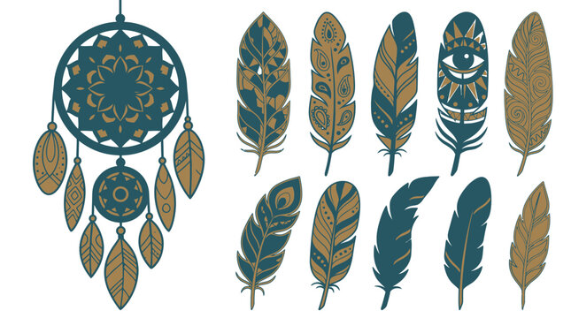 Ensemble d'illustrations vectorielles d'un attrape-r&ecirc;ves d&eacute;coratif et de plumes stylis&eacute;es aux motifs ethniques boh&egrave;mes sur fond blanc pour des projets cr&eacute;atifs.