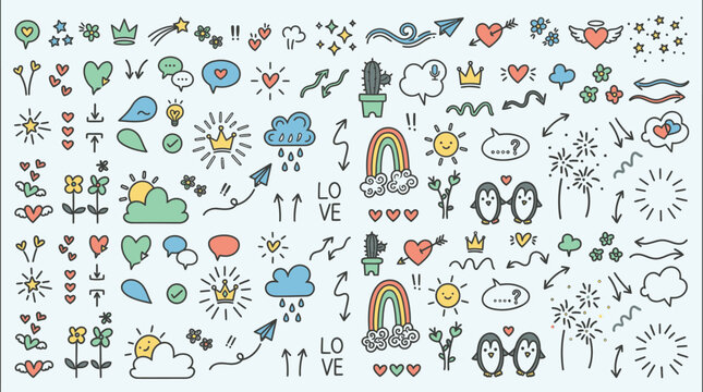 Ensemble d'ic&ocirc;nes et d'&eacute;l&eacute;ments graphiques dessin&eacute;s &agrave; la main comprenant des c&oelig;urs, des arcs-en-ciel, des soleils, des nuages et des fl&egrave;ches sur un fond bleu clair pour le design cr&eacute;atif.