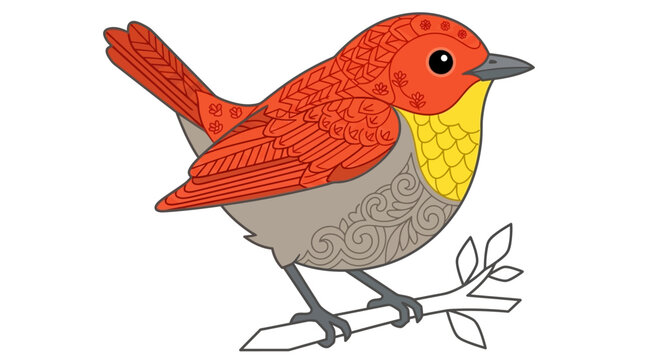 Illustration vectorielle d'un petit oiseau color&eacute; avec des motifs d&eacute;coratifs complexes, perch&eacute; sur une branche, id&eacute;al pour des projets de design cr&eacute;atif et artistique.
