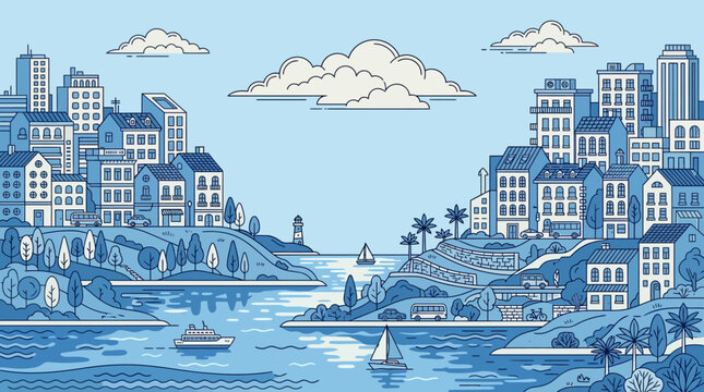 Illustration vectorielle d'une ville c&ocirc;ti&egrave;re pittoresque avec des b&acirc;timents, des voiliers sur l'eau et un ciel bleu, con&ccedil;ue dans un style graphique plat et minimaliste.