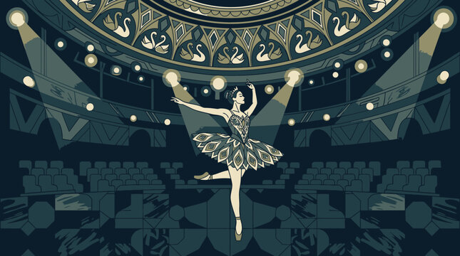 Une illustration &eacute;l&eacute;gante d'une ballerine dansant sur la sc&egrave;ne d'un th&eacute;&acirc;tre classique sous les projecteurs, avec un d&eacute;cor orn&eacute; de motifs de cygnes dans un style artistique r&eacute;tro.