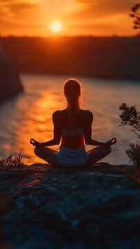 silhouette of a person sitting cross-legged in meditation on a rocky cliff at sunset with golden sun reflecting on calm water, peaceful and contemplative mood