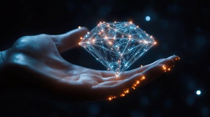 Naklejka premium human hand holding a glowing wireframe diamond hologram of interconnected nodes and lights, evoking awe and wonder