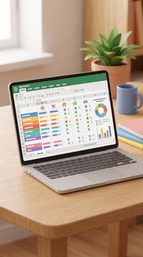 Laptop displaying a colorful spreadsheet and charts on a desk