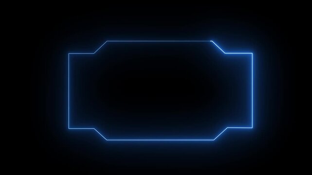 Glowing blue neon animated rectangular frame with angled corners on a black background, tech overlay, UI element, cyberpunk interface, or futuristic display 4k 