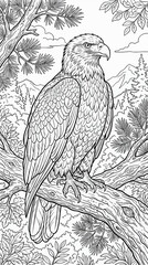 Fototapeta premium Black and White Coloring Page Vector Illustration of a Majestic Bald Eagle Perched on a Tree Branch, Wings Tucked, with Pine Trees and Mountains in the Background, Detailed Line Art for Adults and