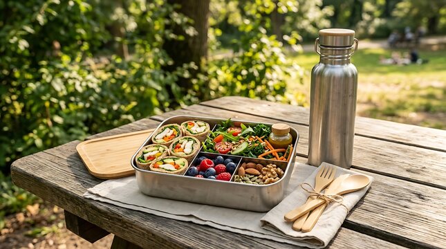Healthy lunch box with wraps and berries on a wooden table in a green park. portable meal kits
