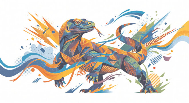 Colorful Geometric Komodo Dragon with Indonesian Batik Motifs Vector Illustration