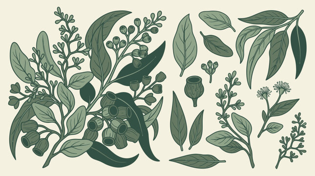 Ensemble d'illustrations botaniques dessin&eacute;es &agrave; la main repr&eacute;sentant des branches, des feuilles et des fruits d'eucalyptus dans un style gravure vintage sur fond cr&egrave;me
