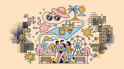 Obraz premium 公園で楽しむ家族や友人のグループを描いたフラットなラインアートスタイルのイラストで、観覧車やピクニック、夏のレジャーの要素が組み合わされたカラフルでモダンなデザインです。