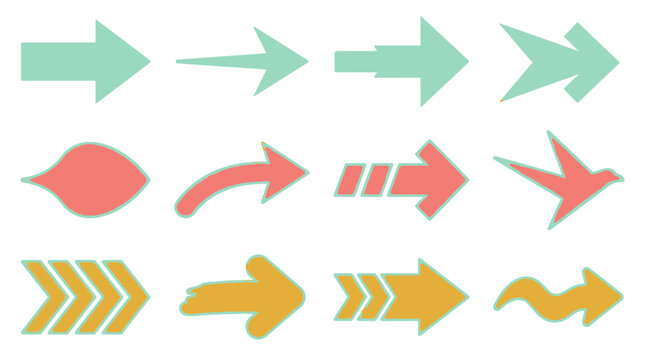 Ensemble de douze fl&egrave;ches directionnelles color&eacute;es au design plat, comprenant des formes vari&eacute;es, des styles g&eacute;om&eacute;triques et des lignes dynamiques sur un fond blanc &eacute;pur&eacute; pour le design graphique.