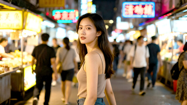 Asian Woman Exploring Busy Night Market Street Food Scene