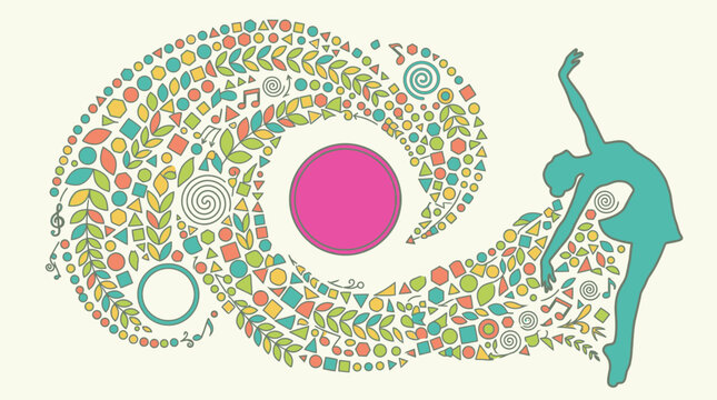 Illustration vectorielle d'une danseuse classique en mouvement entour&eacute;e d'un tourbillon de formes g&eacute;om&eacute;triques color&eacute;es, de feuilles et de notes de musique sur un fond cr&egrave;me &eacute;l&eacute;gant.