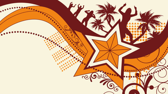 Illustration vectorielle dynamique avec des silhouettes de personnes dansant, des palmiers et une grande &eacute;toile centrale sur un fond abstrait aux tons orange et marron.