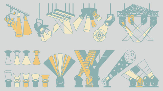 Ensemble d'ic&ocirc;nes vectorielles illustrant divers projecteurs de sc&egrave;ne, lumi&egrave;res de th&eacute;&acirc;tre et faisceaux lumineux stylis&eacute;s sur un fond gris neutre pour le design &eacute;v&eacute;nementiel.