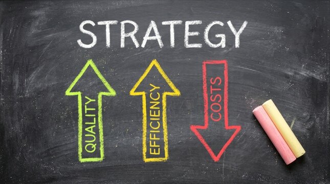 Chalkboard drawing showing business strategy arrows for increasing quality and efficiency while reducing total costs