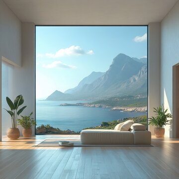 Minimalist sunlit living room with low sofa and potted plants framing a panoramic sea and mountain view, evoking calm and peaceful relaxation