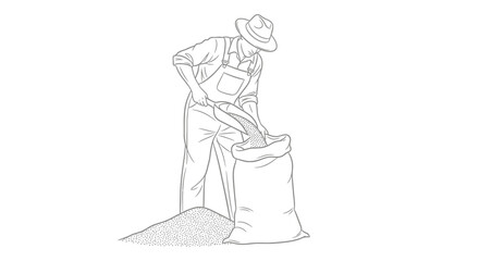 Obraz premium Farmer Filling Sack with Grain - Agricultural Harvest and Rural Work