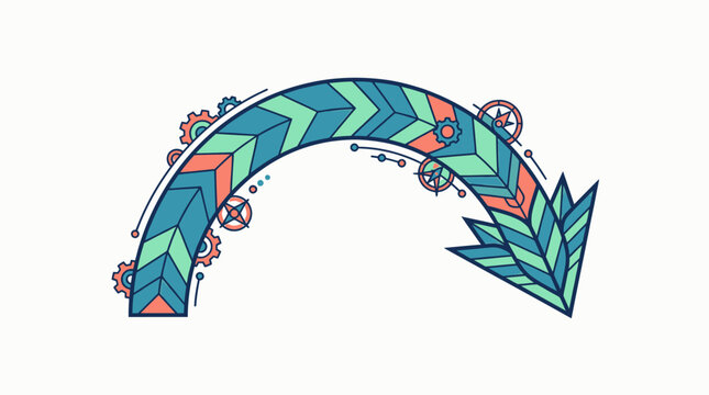 Une illustration vectorielle stylis&eacute;e d'une fl&egrave;che courbe d&eacute;cor&eacute;e avec des motifs g&eacute;om&eacute;triques complexes et des petits engrenages m&eacute;caniques dans des tons bleu, vert et corail sur fond blanc.