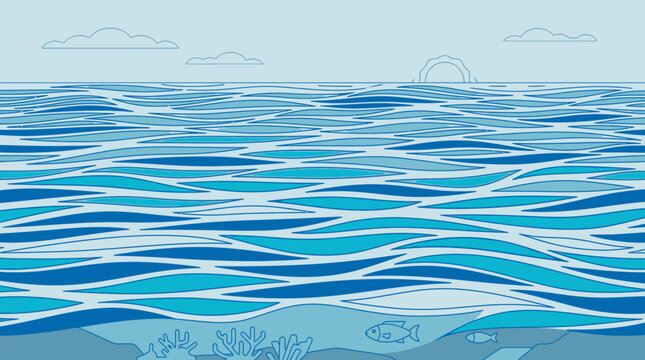 青い海と波の抽象的なイラストレーション、水面下の魚やサンゴ礁が描かれた穏やかな海洋の風景、フラットデザインのベクター背景素材