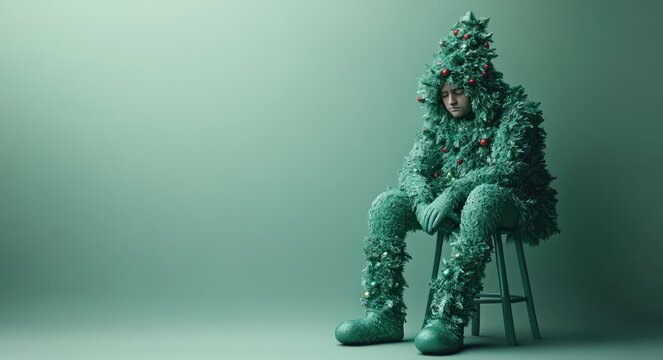 seated humanoid covered in evergreen branches and red baubles with a hollow square face on a stool against a muted green background, conveying solitude and melancholy